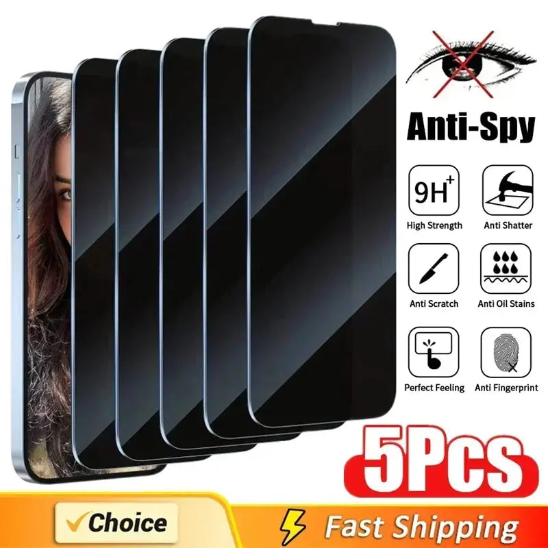 5Pcs Full Cover Privacy Screen Protector For iPhone 16 11 12 13 14 Pro Max Mini 8K Anti-spy Glass For iPhone 15 17 PRO XR XS MAX - Fun Tech and Gadgets