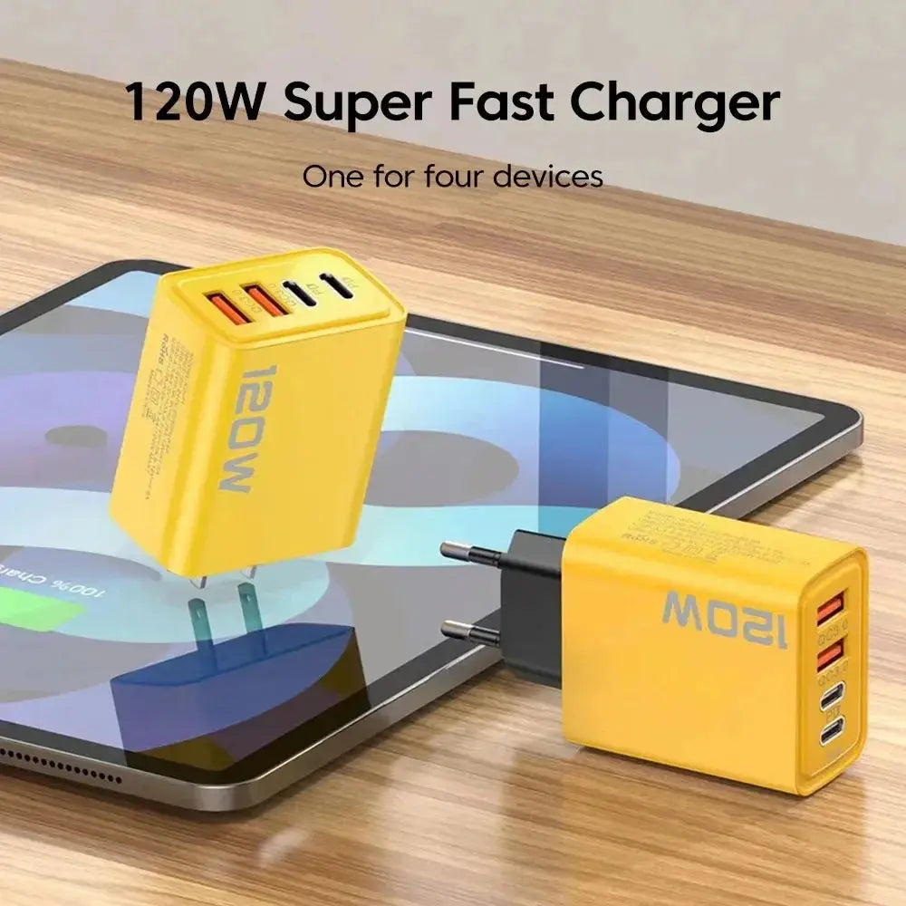 Total 120W 4 Ports USB Charger PD Type C Fast Charging Mobile Phone Adapter For iPhone Samsung Xiaomi Huawei QC 3.0 Wall Charger - Fun Tech and Gadgets
